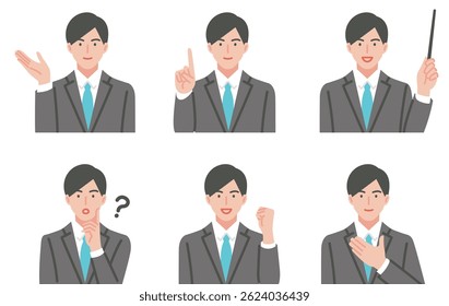 Um conjunto de poses comuns para jovens professores do sexo masculino
