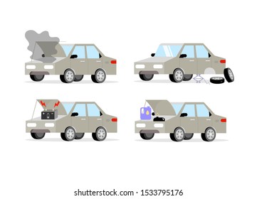 Set of common problems with cars such as radiators, batteries, tires, engine oil.