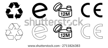 Set of common product certification and recycling symbols isolated on white,Recycle symbols. Recycling arrow icons. Reusing symbols. Recycling label. Recycle badge. Recycling icons. Recycle,