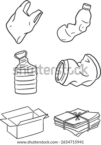 Set of common recyclable items in a clear line art style, including a plastic bag, crumpled bottle, aluminum can, cardboard box, and stack of paper. Ideal for designs focused on recycling.