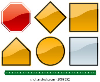 a set of common road sign shapes and metallic colors with a sign post