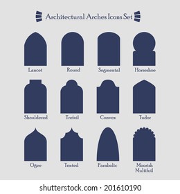 Set of common types of architectural arches silhouette icons with their names