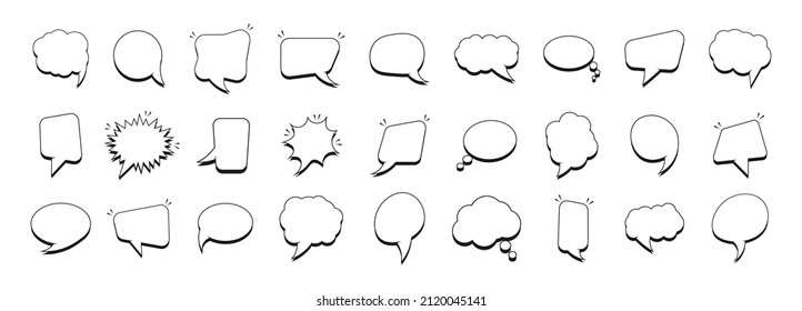 Set of communication bubbles. Empty white speech bubbles. Chatting box, message box, outline cartoon. Speak bubble text.