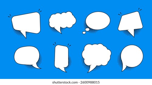 Set of communication bubbles in paper style. Empty white speech bubbles. Chatting box, message box, outline cartoon. Speak bubble text.