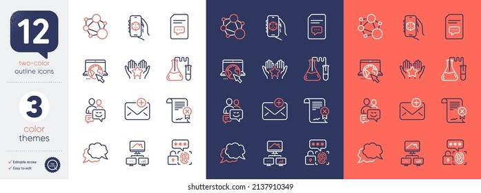 Set of Communication, Chat message and Chemistry lab line icons. Include Internet, Reject certificate, Work home icons. 3d app, Integrity, Biometric security web elements. Comments. Vector
