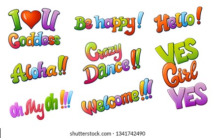 Set of communication chat stickers lettering. Speech bubble words. Comic style cartoon vector typographic pop-art inscriptions. Bright colorful volume different fonts maybe for card or t-shirt