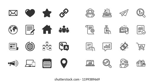 Set of Communication, Conference and Information icons. E-Mail, Printer and Internet signs. Support and Phone call symbols. Plane, information report and shopping cart icons. Group. Vector