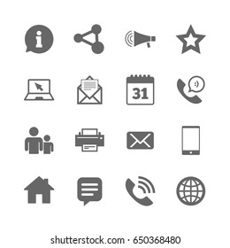 Set of Communication, Conference and Information icons. E-Mail, Printer and Internet signs. Speech bubble, Support and Phone call symbols. Isolated flat icons set on white background. Vector
