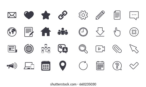 Set of Communication, Conference and Information icons. E-Mail, Printer and Internet signs. Speech bubble, Support and Phone call symbols. Calendar, Document and Download line signs. Vector