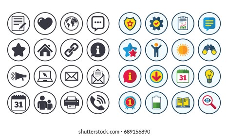 Set of Communication, Conference and Information icons. E-Mail, Printer and Internet signs. Speech bubble, Support and Phone call symbols. Calendar, Report and Book signs. Vector