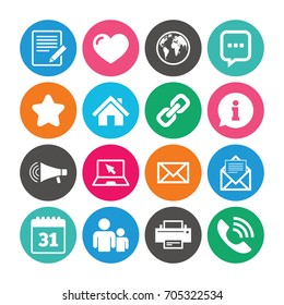 Set of Communication, Conference and Information icons. E-Mail, Printer and Internet signs. Speech bubble, Support and Phone call symbols. Colored circle buttons with flat signs. Vector