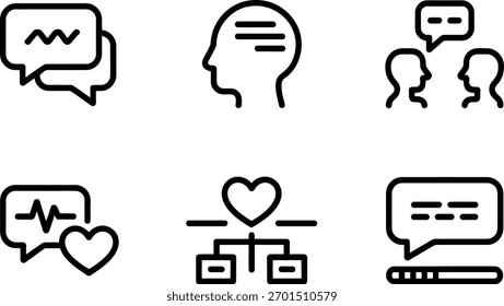 A set of communication and connection icons, including speech bubbles, a head thinking, a dialogue between two people, a heart, and a loading message. Vector illustration.