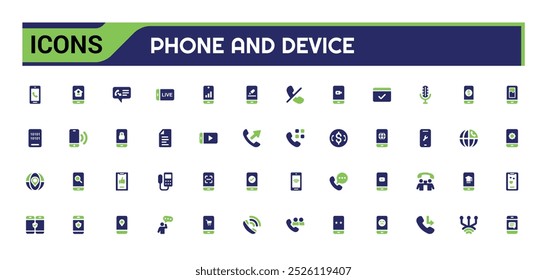 Conjunto de iconos de dispositivos de comunicación. Dispositivo móvil y teléfono sólido icono de colección. Conjunto de iconos rellenos.