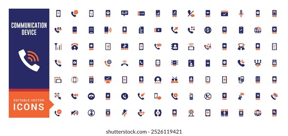 Symbolsatz für Kommunikationsgeräte. Sammlung von Symbolen für Mobilgeräte und Handys. Gefüllte Symbole.