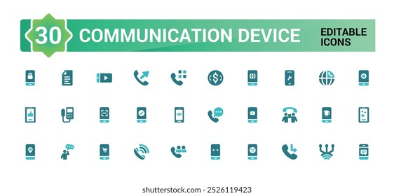 Conjunto de iconos de dispositivos de comunicación. Dispositivo móvil y teléfono sólido icono de colección. Conjunto de iconos rellenos.