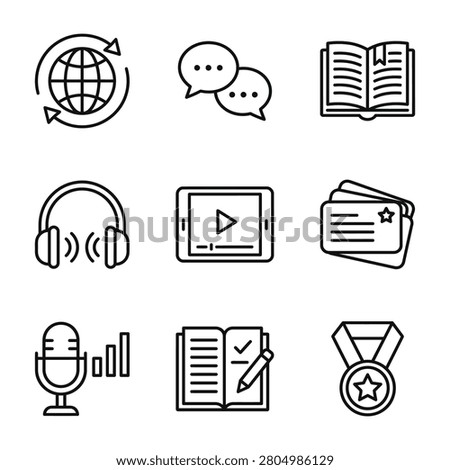Set of communication and education line icons with communication education headphones microphone learning business internet dialogue training