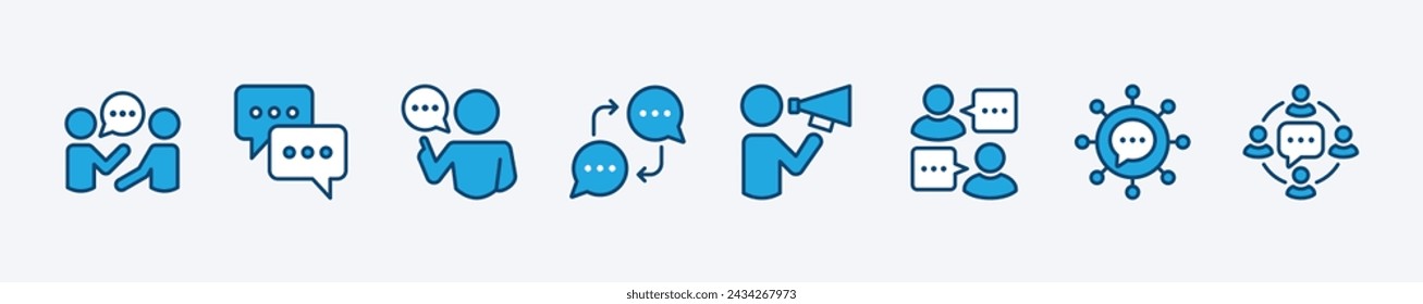 Set of communication icon. Containing discussion, chat speech bubble, speak, talk, social media message, connection, speaker, dialogue, forum. Vector illustration