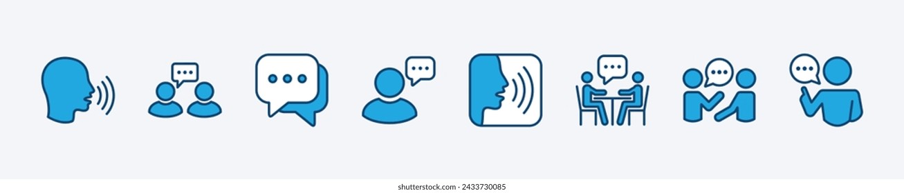 Set of communication icon. Containing voice control, speak, talk, chat, discussion, speech bubble, meeting, advice, opinion, and comment. Vector illustration