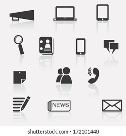 Set of communication icon; megaphone, computer laptop, smartphone, tablet, news, people, data, information, magnifying glass, speech bubble, calling, and note paper. 