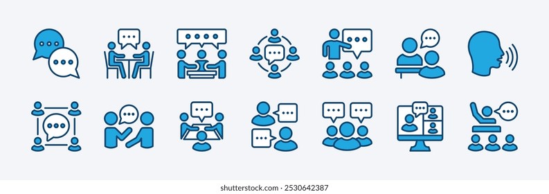 Conjunto de vetores de ícone de comunicação. Contendo balão de fala, falando, falando, discussão, consulta, conversa, diálogo, conselho, reunião, conferência, opinião, debate, trabalho em equipe. ilustração