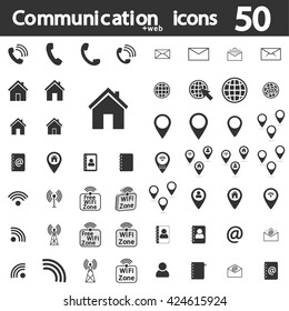 Establecer iconos de comunicación, 50 iconos web, plantilla de diseño plano, vector