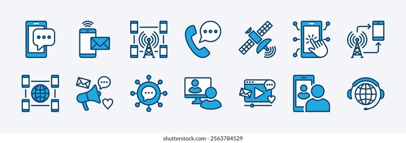 Set of communication icons. Containing message, electronic mail, chat, digital satellite, smartphone technology, network, social media, live streaming, chat, global conversation. Vector illustration