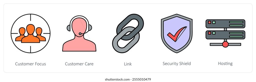 A set of communication icons as customer focus, customer care, link
