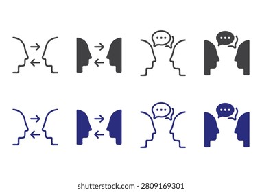 Set of communication icons featuring human head silhouettes with arrows representing exchange or dialogue and speech bubbles for conversation in outline styles.