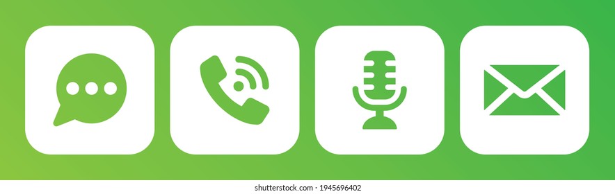 Set of communication icons green button. Phone, sound, microphone, call symbols illustration on isolated white background for applications, web, app.