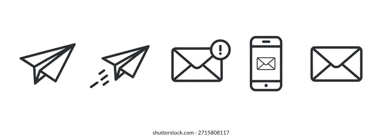 Un conjunto de iconos de comunicación que incluyen aviones de papel, letras y símbolos de mensajería móvil en blanco y negro.