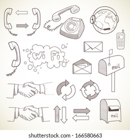 Set of communication icons, isolated on light background. Hand drawn sketch illustration.