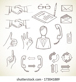 Set of communication icons, isolated on light background. Hand drawn sketch illustration.
