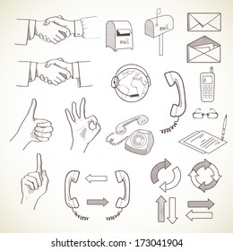 Set of communication icons, isolated on light background. Hand drawn sketch illustration.