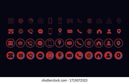 Set of communication icons set. Phone, mobile phone, retro phone, location, mail and web site symbols on isolated background for applications, web, app. EPS 10 vector.