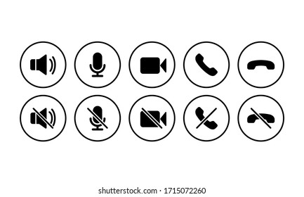 Conjunto de iconos de comunicación. Teléfono, sonido, micrófono, cámara, símbolos de llamada en fondo blanco aislado para aplicaciones, web, aplicación. Vector EPS 10