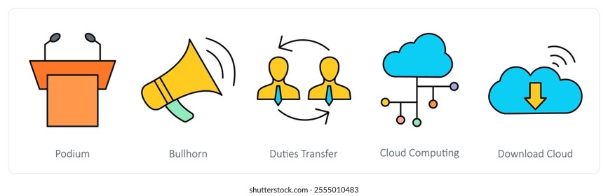 A set of communication icons as podium, bullhorn, duties transfer