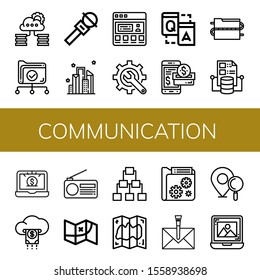 Set of communication icons. Such as Cloud storage, Data, Microphone, City, Testimonial, Content, Q a, Smartphone payment, Cloud computing, Laptop, Cloud , communication icons