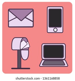 Set of communication items - post letter, post mail box, smartphone and laptop 