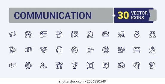 Set of Communication line icons. Featuring address, calendar, assistance, location, clock and more. Simple web icons. Editable vector outline and solid icons.