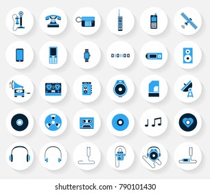 Set of communication and music icon in blue color
