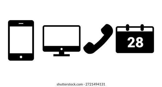 Establecer Iconos De Comunicación Y Programación: Smartphone, Monitor De Computadora, Receptor De Teléfono Y Calendario