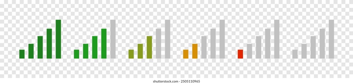 Set of communication signal strength icons. Cellular reception symbols on mobile phones and portable laptop devices. Vector illustration.