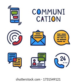 set communication simple outline color icon on white background. Hand drawn cartoon vector illustration