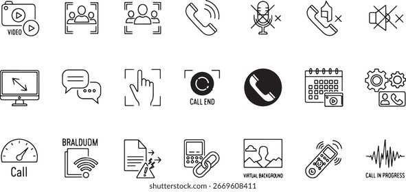 Conjunto de ícones de comunicação e tecnologia chamada de vídeo, telefone, tela, bate-papo e muito mais