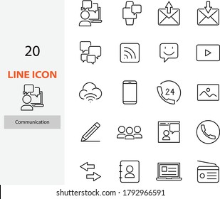 set of communication thin line icons, contact, video call