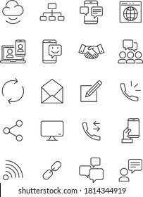 set of communication thin line icons, contact, connection, email, community