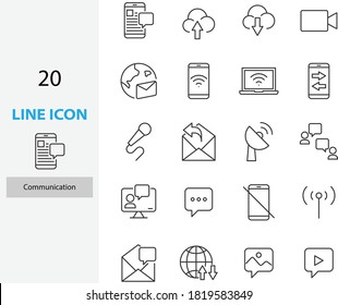 set of communication thin line icons, contact, connection, email, community