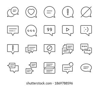 conjunto de iconos de la línea delgada de comunicación, burbuja de voz, social, charla, conversación