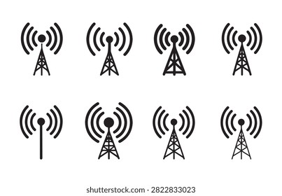 Set of communication tower and antenna signal icons vector illustration. broadcast, radio, cellular, network, transmission.