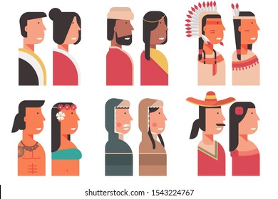 set of community and diversity people avatar from all around the world with traditional costumes symbol. multicultural group of male, female portrait  cartoon character flat vector illustration